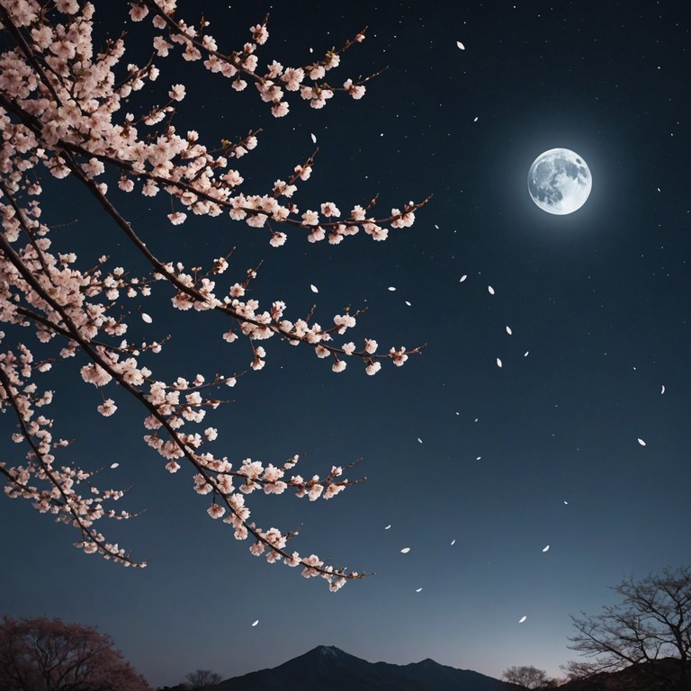 A gentle and evocative composition that captures the wistful, heartwarming experience of witnessing cherry blossoms by moonlight, resonating with themes of fleeting beauty and poignant moments of love in a romantic anime setting.