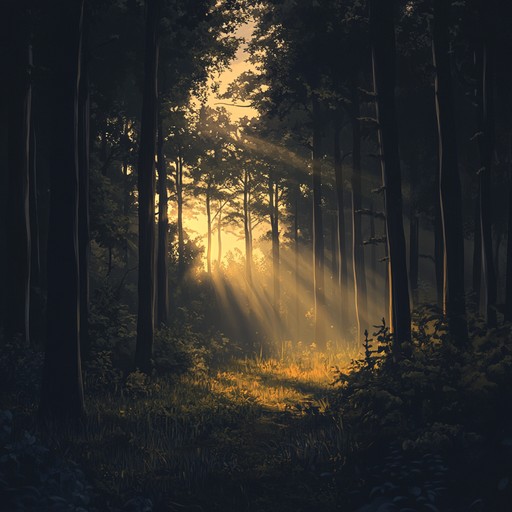 A tranquil composition capturing the serenity of a forest morning, with gentle string instruments weaving through melodic pathways that mimic birds' songs and leaves rustling, creating a meditative, soothing atmosphere.