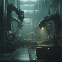 rhythmic clangs and surreal sounds in alien factory.