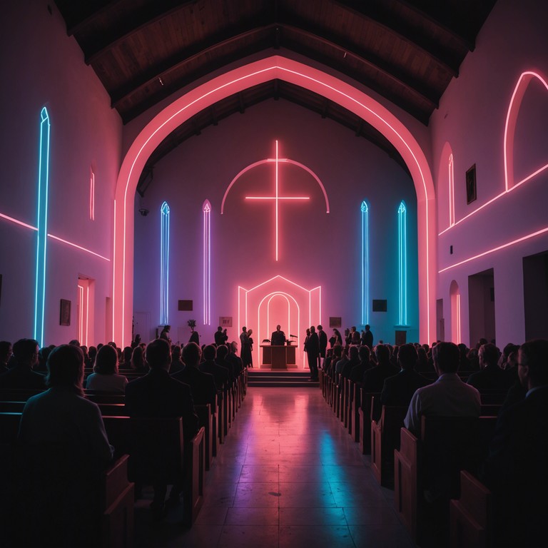 A mesmerizing blend of gospel music and psychedelic soundscapes, featuring ethereal organ chords that echo through time and space, creating a reflective and deeply spiritual listening experience. Imagine the echoing sounds filling a space where vibrant neon lights meet the solemnity of a gospel choir, enhancing the ethereal and transcendent atmosphere.