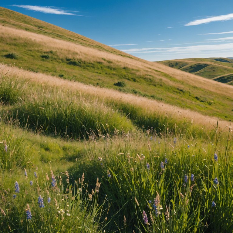 This piece evokes the serene beauty of rolling hills under a clear sky, with melodies that meander like a gentle breeze, carrying the listener away to a place of peace and tranquility. The music slowly builds, weaving a tape into a warm, embracing sound, capturing the essence of a perfect, sunny afternoon in the countryside.