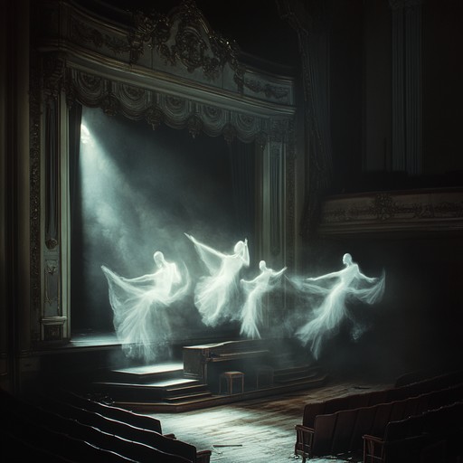 A powerful instrumental blending dark cabaret style with haunting piano melodies, evoking images of ghosts dancing on an empty stage under dim lights of an abandoned theater, creating a mysterious and captivating atmosphere.