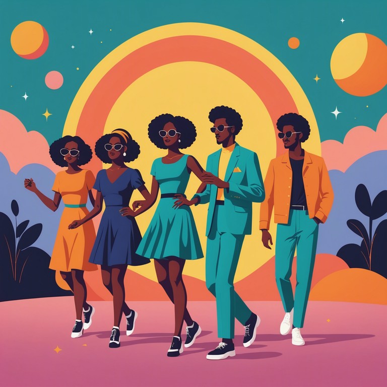 Step back in time and experience the exhilarating atmosphere of a 70s dance club where colorful lights illuminate the energetic crowd moving to the rhythm of this funk infused disco track, evoking a sense of freedom and joy.