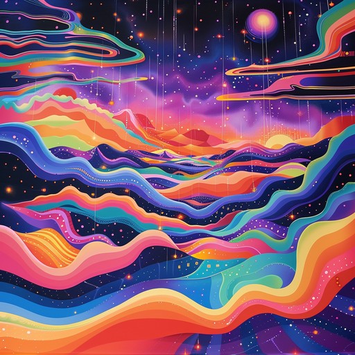 Dive into an energetic psychedelic rock track filled with electric guitar riffs, driving basslines, and vibrant synthesizers. Perfect for evoking images of cosmic journeys and adventures among the stars.