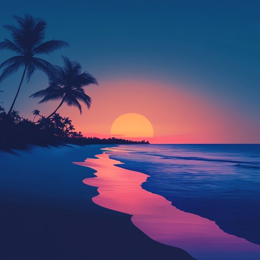 An enchanting bossa nova composition featuring intricate guitar melodies and airy percussion, evoking the serene beauty of an idyllic tropical paradise at dusk, perfect for a relaxing, romantic ambiance