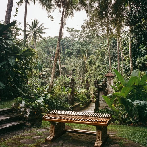 A harmonic melody of the traditional balinese gamelan echoes under the midday sun in the lush landscapes of bali, capturing the rhythmic beauty and cultural essence of indonesia. This piece combines the local musical intricacies with a sense of broad daylight vibrancy and relaxation.