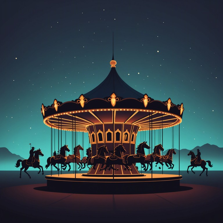 Imagine a haunting carnival that begins as the clock strikes noon. Sinister melodies, understated yet poignant, play as shadows lengthen and laughter turns eerie. The atmosphere becomes thick with a thrilling sense of foreboding, where each note from the carousel carries a ghostly echo.