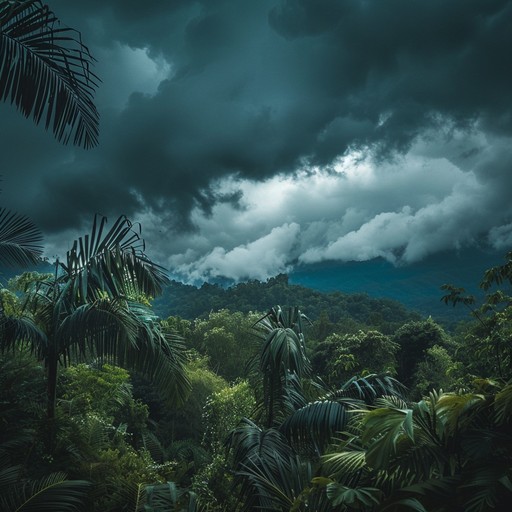 Feel the pressure build as storm clouds gather over lush palm trees, the wind howling through the tropical landscape, whipping palm fronds into a frenzy while distant thunder rumbles ominously