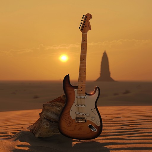 Craft a unique blend of rock and traditional indian raga with roaring electric guitar riffs harmonizing with the intricate patterns of a sitar, creating a captivating journey through mystical deserts filled with spiritual and exotic undertones.