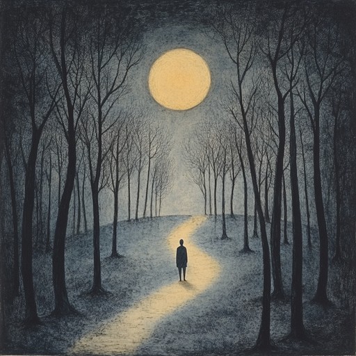 Guitar melodies evoke loneliness during a midnight walk under the moon. The ambient sounds enhance the feeling of solitary introspection and melancholic beauty.