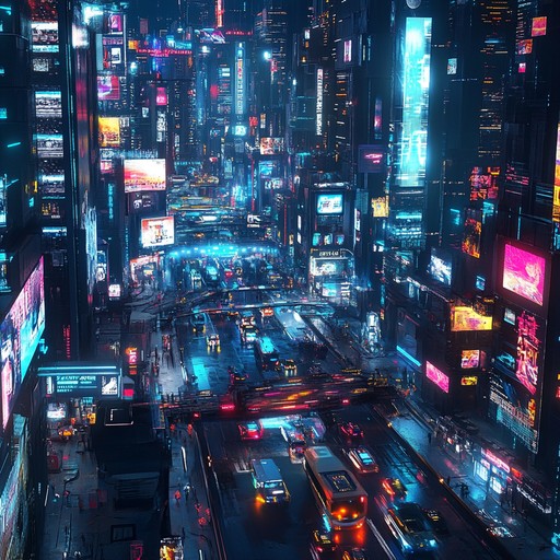 A lively instrumental blending energetic synths with driving beats to simulate a vibrant night in a bustling cyberpunk city. Dynamic soundscapes and pulsating rhythms evoke a feeling of adventure and excitement amidst neon lights and high tech surroundings.