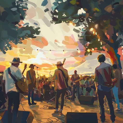 A lively track that merges traditional folk sounds with contemporary rock, featuring an energetic acoustic guitar backed by rhythmic drums and a bassline, creating a festive atmosphere representative of a sunset celebration.