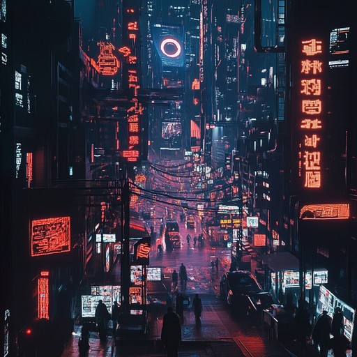 An intense cyberpunk track with driving electric pulses, layered synths, and deep bass to depict a thrilling urban adventure. Perfectly captures the essence of a high tech, dystopian metropolis with mysterious and brooding undertones.