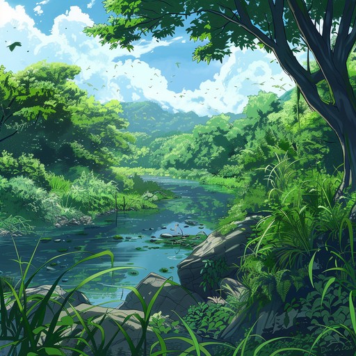 A delicate japanese flute delivers a calming tune, embodying the tranquil spirit of an anime rural landscape. Birds softly chirp, and a distant river's gentle flow adds to the soothing experience, ideal for focus or relaxation.