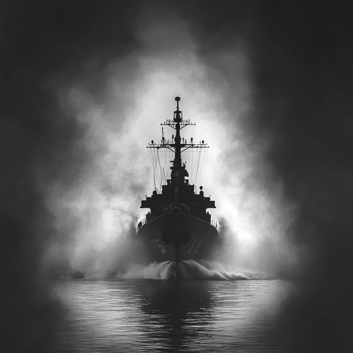 An intense and gripping orchestral composition capturing the silent yet formidable presence of the russian navy in cold northern seas. The melody swells with tension and anticipation, invoking images of powerful ships moving beneath icy waves and the unspoken threats lurking in the depths.