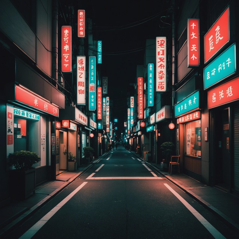 In the heart of a bustling tokyo under a starless sky, the music captures the essence of modern solitude with a touch of neon brightness, reflecting the deep emotions and complex experiences of night time urban life.