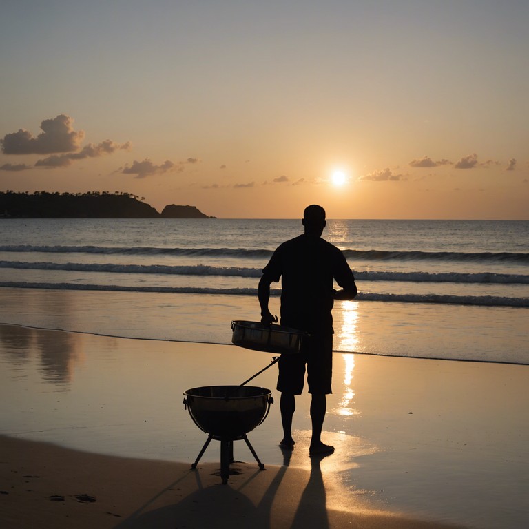 Imagine an instrumental capturing the essence of a sunset beach party, where joyful beats of the steelpan set the scene for an evening of dancing and laughter. The music is both a backdrop and a highlight, enhancing the sunset view with its lively and uplifting tones.