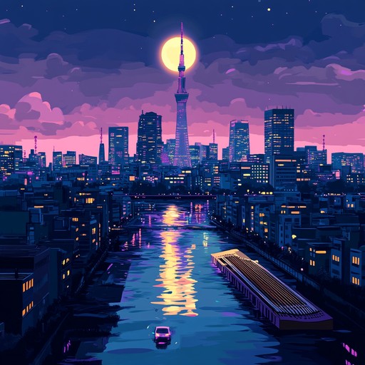 An instrumental track blending retro futuristic synthwave sounds with the serene melodies of the japanese koto, creating a mesmerizing atmosphere of tokyo streets bathed in neon glow under the moonlit sky.