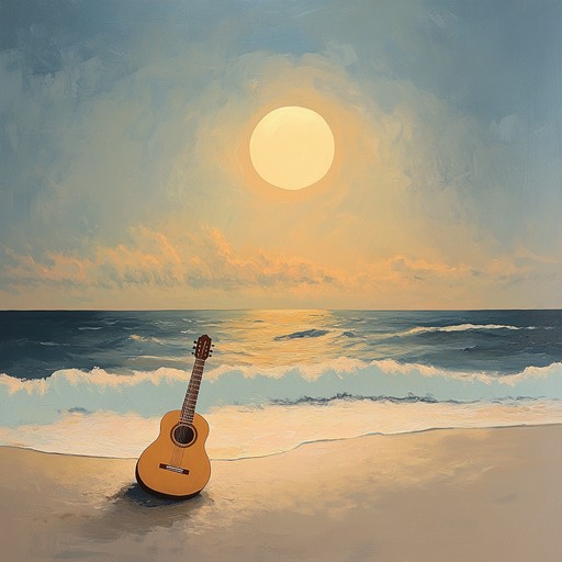 This serene instrumental piece features smooth latin jazz harmonies blended with soft bossa nova rhythms, evoking images of gentle waves lapping against a peaceful shore at dusk. The melodic guitar work creates a soothing and laid back vibe.