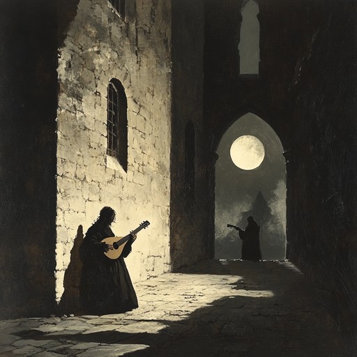 An eerie instrumental journey capturing the unsettling atmosphere of a lone troubadour playing a haunting melody in the shadowy corners of a forgotten castle.