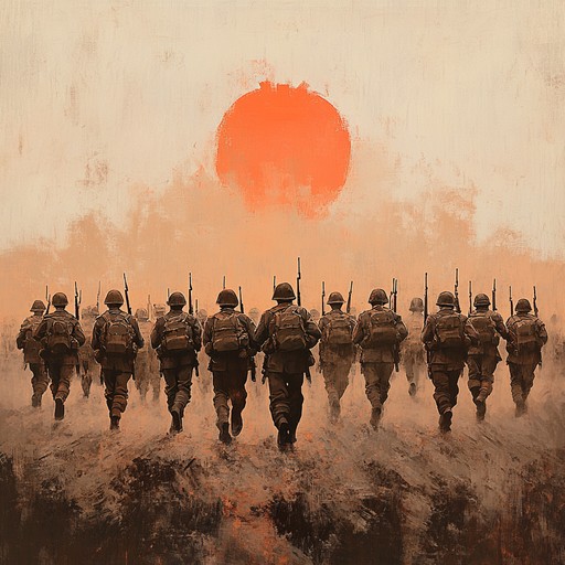 This composition combines the steadfast beat of military marches with elements of heartfelt passion. Snare drums set a determined pace, accompanied by stirring strings that evoke a sense of fervent longing and emotional resolve. Building to a dramatic crescendo, it mirrors the intensity of soldiers motivated by deeper feelings.