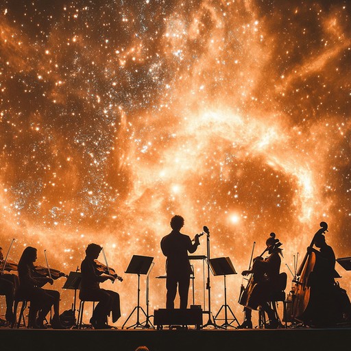 A grand orchestral piece evoking a celestial battle among interstellar forces. String sections soar with powerful themes, brass instruments herald the champions, and percussion drives the intense conflict, all wrapped in an ethereal ambiance, reflecting the majesty of the universe.