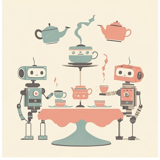 An instrumental piece combining unpredictable synthesizer tunes and unusual beats to create a whimsical atmosphere reminiscent of robots enjoying a tea party.