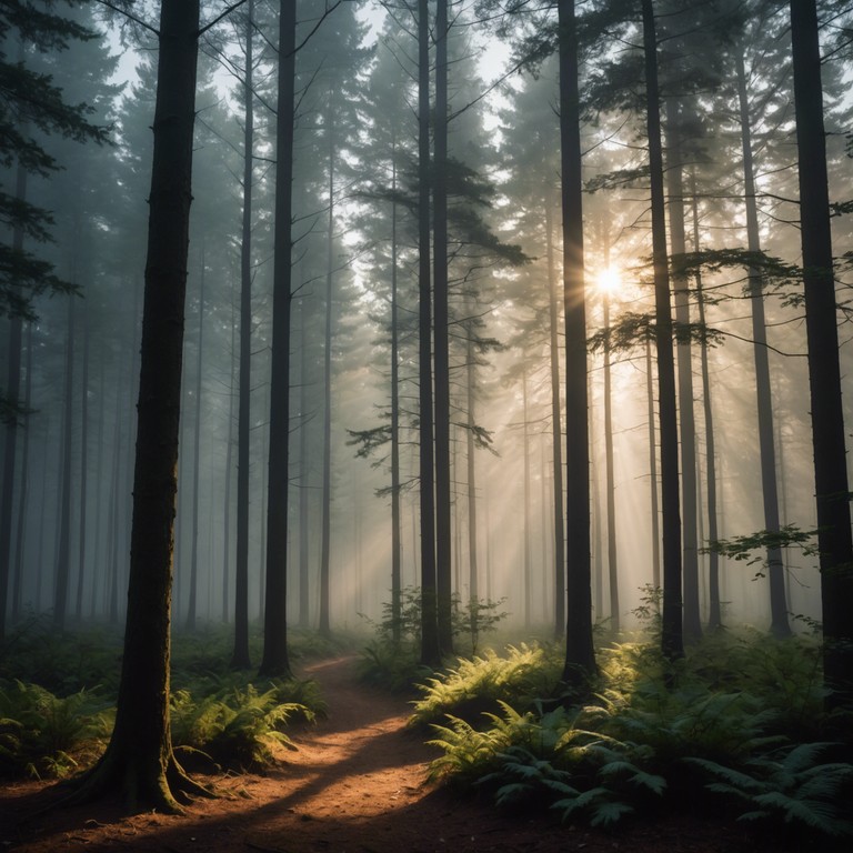 Picture a serene forest at dawn, where gentle melodies intertwine with soft, ambient synthesizers creating a tranquil soundscape that invites the listener into a peaceful state of mind. A subtle rhythmic pulse echoes the forest's living heartbeat.