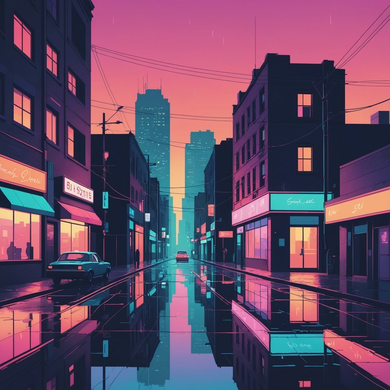 Imagine walking through a quiet urban landscape at night, with the soft glow of neon lights reflecting on wet streets; 'city lights serenade' captures this peaceful moment through the melodious harmony of synthesizers and soft rhythmic patterns.