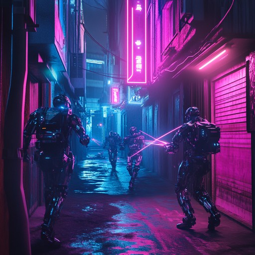 A powerful blend of futuristic electronic elements and heavy metal riffs, this track features aggressive guitar work, thundering drums, and robotic synths. Perfect for evoking a high energy, dystopian cyberpunk atmosphere.