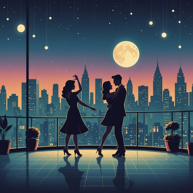 Imagine a scene set on an old european city balcony where couples dance to the strums of a guitar, under the silver glow of the moon, reflecting a blend of joy and romance, with every chord pulling at the heartstrings.