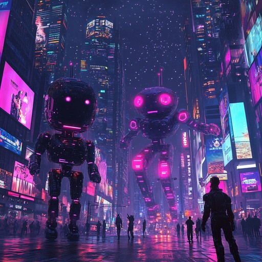 Step into a neon lit future with this track, blending synth heavy melodies with glam rock exuberance. Envision shimmering cityscapes under starlit skies, where robotic rhythms meet electrifying guitar solos. Perfect for a dance in the cyberpunk nightlife or an interstellar voyage.