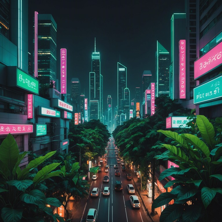 Imagine a dense urban jungle where technology and nature intertwine seamlessly. The music captures the essence of an exotic paradise merged with gritty cyberpunk aesthetics, characterized by pulsating rhythms and futuristic melodies. The piece navigates through the contrasting landscapes of a technologically advanced yet organically rich environment.