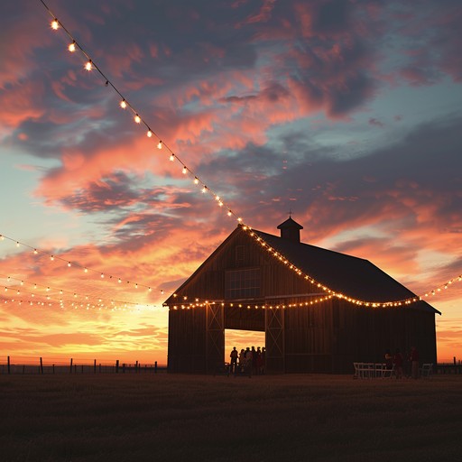 An energetic instrumental with lively fiddle melodies, rhythmic guitar strumming, and foot tapping beats. Perfect for celebrating life's moments in a country barn. The music evokes imagery of joyful summer evenings, friends dancing, and carefree laughter under the rustic barn lights. A blend of traditional country charm with a modern twist, creating an unforgettable festive atmosphere.