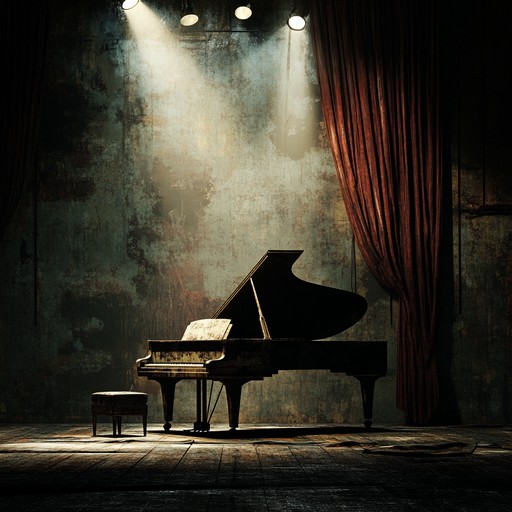 A shadowy theatre waltz, with a sorrowful piano leading the way, capturing the essence of a bygone era tinted with woes and unspoken stories. The soft dynamic creates a reflective ambiance filled with emotional depth and melancholy allure