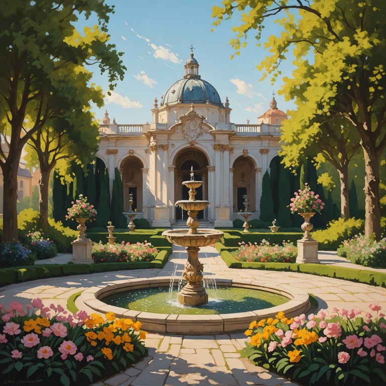 Imagine a resplendent 17th century european garden, where cascading water fountains and sun dappled courtyards inspire a cheerful and playful day. Composed with intricate baroque harmonies that mimic the dance of water, this piece transports listeners to an era of grandeur and carefree elegance.