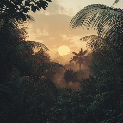 A blend of laid back, serene tribal beats and ambient jungle sounds, offering a peaceful and meditative soundtrack that evokes the tranquility of a setting sun over a lush, untouched rainforest.