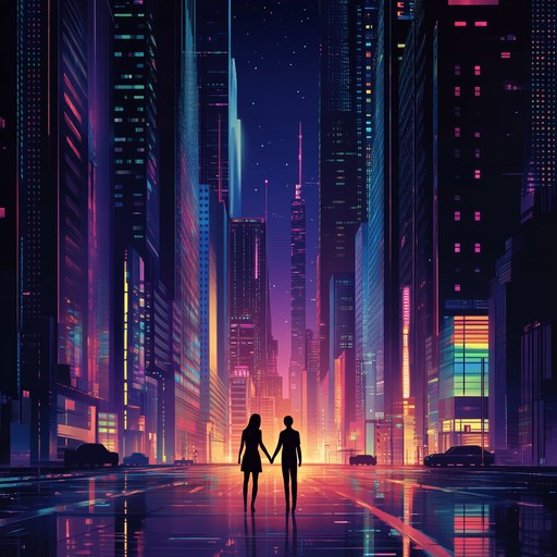 An instrumental romantic cyberpunk track that blends lush synth melodies with futuristic beats, creating an atmosphere of love amidst a neon lit metropolis. The music takes the listener on a journey through a digital landscape where human emotions intertwine with technology.