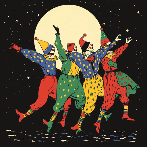 Imagine a troupe of clowns performing under a bright moon in a surreal, whimsical landscape. They move in exaggerated, humorous motions, their shadows casting long and bizarre shapes on the moonlit ground. Each note of the music accentuates their comical, slightly eerie nature, blending playful mischief with a touch of moonlight mystery.