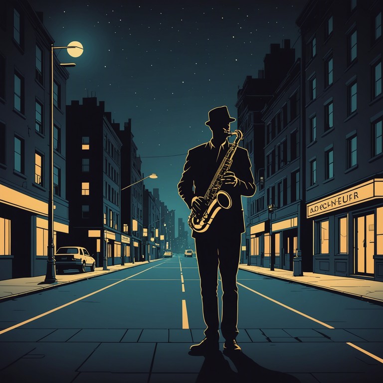 As the city sleeps, a lone saxophonist plays, scales echoing off the buildings and into the brisk night air, evoking feelings of solitude and reflection mixed with the gritty reality of urban life.