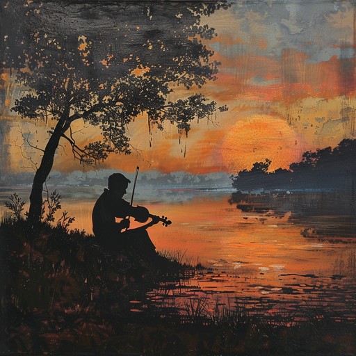 A violin's heartfelt lament intertwines with ambient soundscapes to paint a scene of wistful longing under a warm, fading evening sky. The music sways between moments of gentle sorrow and peaceful reflection, inviting listeners into its evocative embrace.