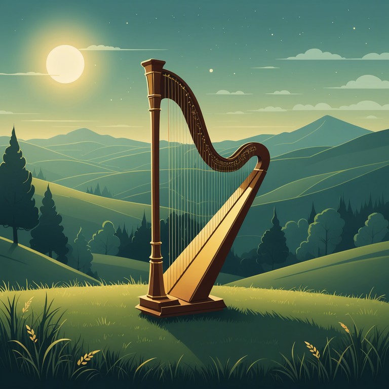 Imagine the ethereal beauty of a moonlit landscape, as whispers gently float through a misty dawn. This calming piece utilizes the soft tones of a solo harp, creating a tranquil, meditative atmosphere that invokes a sense of peace and introspection. The music slowly builds in complexity but maintains a soothing cadence, ideal for relaxation or reflective moments.