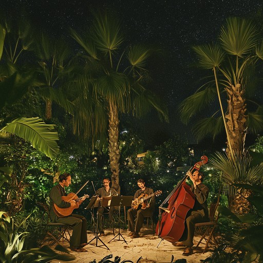 Immerse in a vivid auditory experience as middle eastern rhythms merge with klezmer melodies, painting a mystical nighttime scene in a tranquil desert oasis.