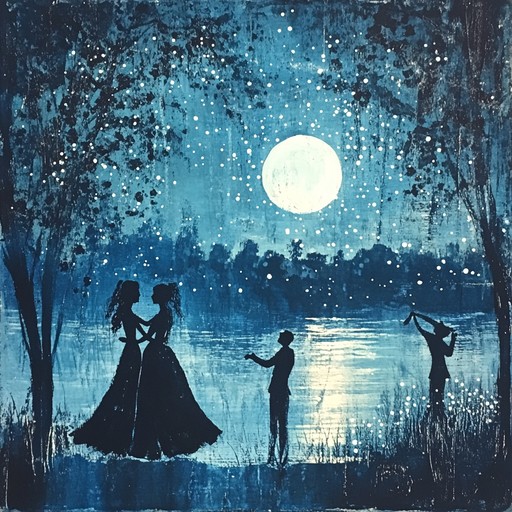 An instrumental track capturing the elegance of a nightly romantic waltz. Silvery moonlight reflects on a glassy lake, while distant stars twinkle in rhythm to the gentle sway of melodies played on a classic piano. The composition evokes the timelessness and sophistication of an old world dance reimagined in a serene, natural setting.