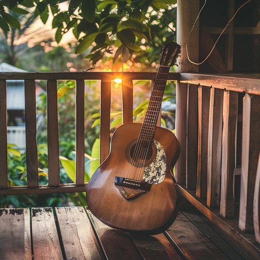 Imagine sitting on a porch during a serene summer sunset, with soft hues of orange and mauve filling the sky. An acoustic guitar plays gentle fingerpicked melodies, accompanied by the soft hum of cicadas, creating an atmosphere of relaxation and peace. The music captures the calm and nostalgic feel of a perfect summer evening.