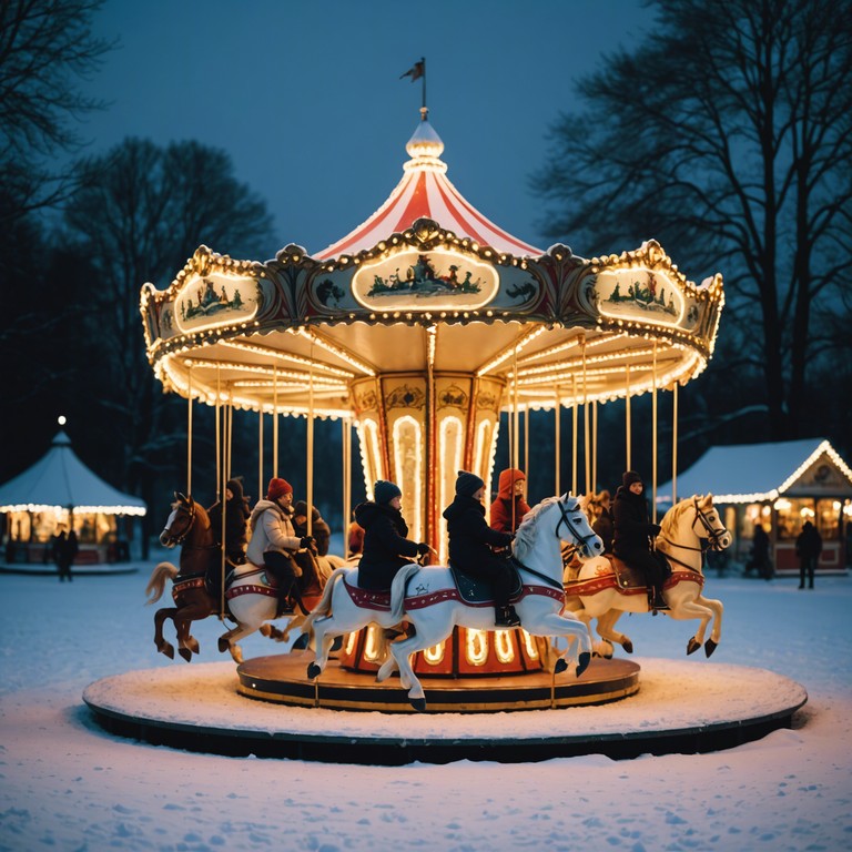 This track captures the essence of a festive winter holiday scene, replete with the magical sound of a carousel melded with holiday cheer. The music swirls in a waltz tempo, infusing traditional sounds with a unique, joyous theatrical vibe. The melody conjures images of snow laden streets, twinkling lights, and the laughter of children enjoying a vintage carousel ride during the holiday season.