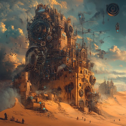 An instrumental track combining mechanical clockwork rhythms with middle eastern scales, evoking a surreal atmosphere of a bustling bazaar in a steampunk desert city.