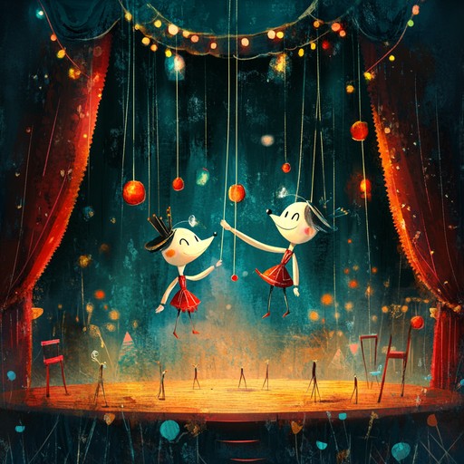 An instrumental symphonic composition that brings to life the playful and mischievous antics of marionettes dancing and interacting on stage. The music features lively tempos and light hearted melodies, using the bassoon to add a comedic and whimsical touch, transporting listeners into a magical world of animated puppets and enchanting performances.