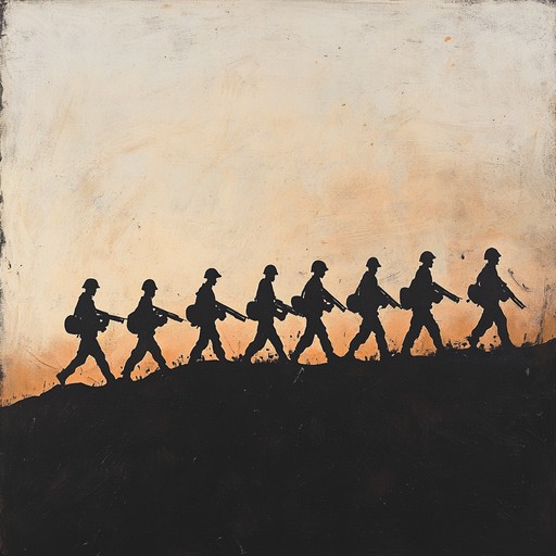 The track exudes a courageous marching rhythm with bold percussive elements, capturing the disciplined chaos of military action. Snare drums take the lead, punctuated by grinding industrial sounds and booming bass, producing a track both empowering and intense. Listeners are transported to a battlefield, where every beat underscores the resilience and unity of soldiers in combat.