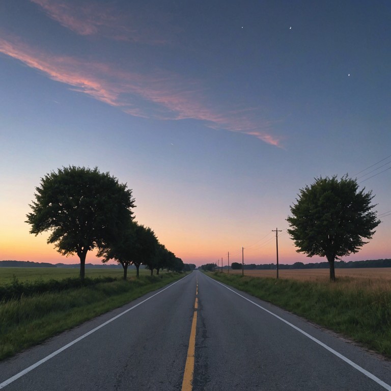 An alternative take on the original track focusing on more gentle and soothing melodies, representing a serene drive down an endless highway with vast, open skies as company. The steel guitar continues to lead, but with a softer touch, accompanied by a gentle acoustic rhythm.